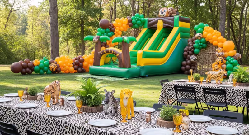 Inflable de animales y selva para bebés en fiesta de primer cumpleaños en Toluca