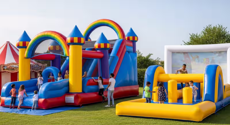 Brincolín con resbaladilla en jardín de fiesta en GAM