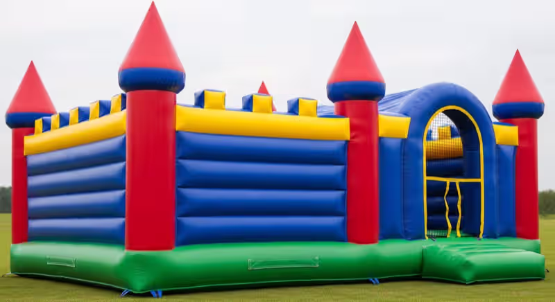 Castillo inflable instalado en patio de cumpleaños en Toluca