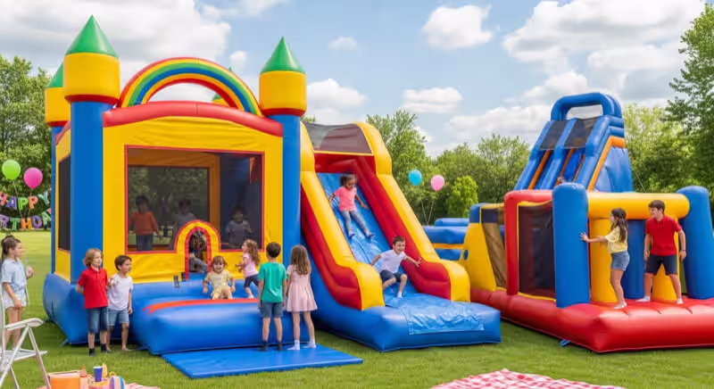 Castillo inflable con torres coloridas en casona Roma