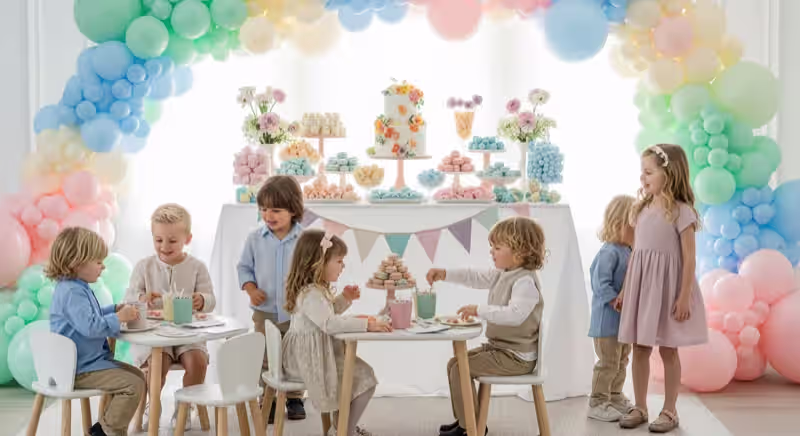 Fiesta infantil con mesa de dulces y niños alrededor en Toluca coordinada perfectamente