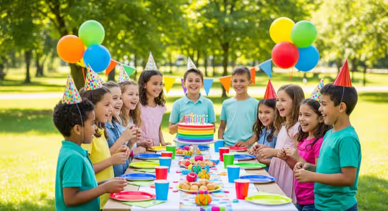 Fiesta en jardín con niños, globos y mesa de dulces en casa de Toluca