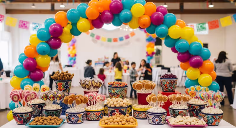 Mesa de dulces corporativa con branding y arco para evento de empresa en Toluca por MEDEDUL