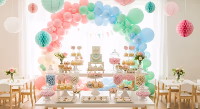 Mesa de dulces con arco de globos y pastel para fiesta infantil coordinada en Toluca