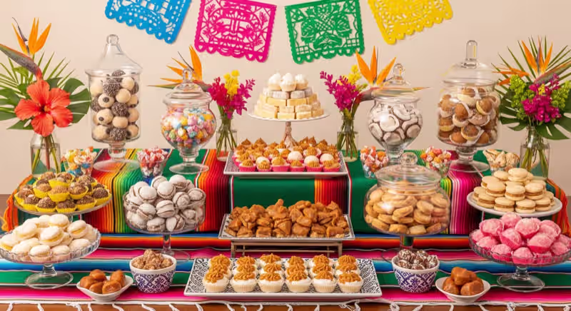 Mesa de dulces mexicana con papel picado para posada en Metepec