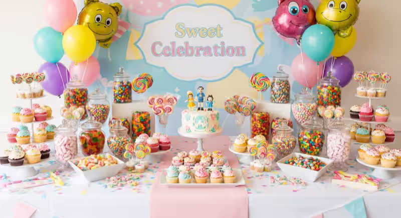 Mesa de dulces personalizada con branding para posada de empresa en Toluca