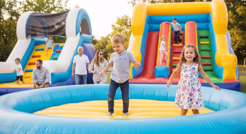 Niños en brincolin con resbaladilla en evento