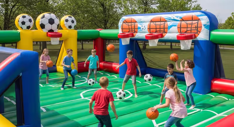 Niños jugando en inflable colorido durante cumpleaños en Toluca