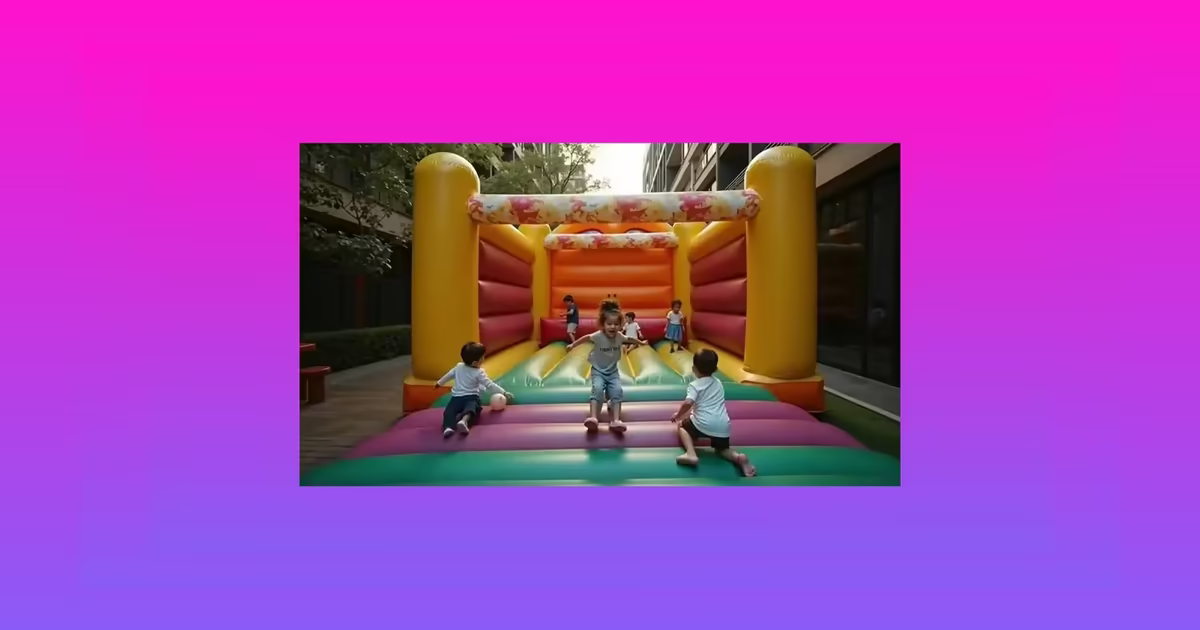 Niños disfrutando de un castillo inflable en un complejo de departamentos en Del Valle, CDMX durante una fiesta de cumpleaños.