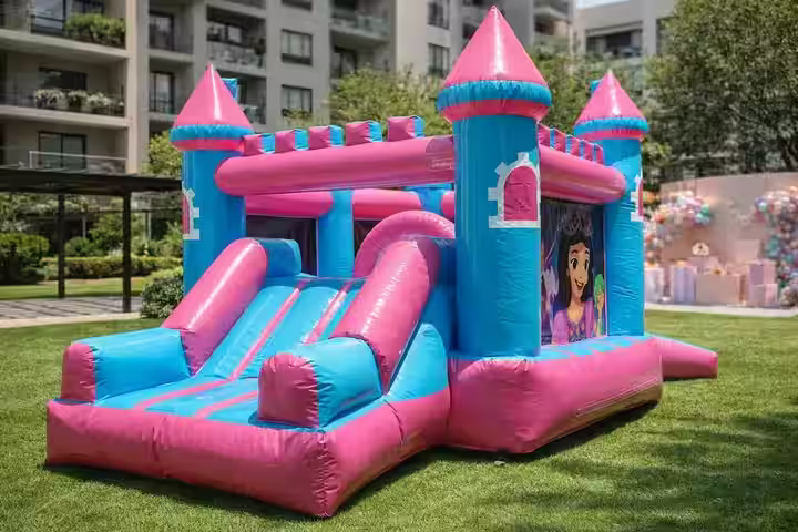 Renta inflable Castillo de Princesas CDMX - Vista frontal castillo con princesas para fiestas infantiles