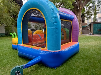 Renta inflable Gusanitos - Detalle decoración tropical con palmeras y gusanitos fiestas infantiles CDMX