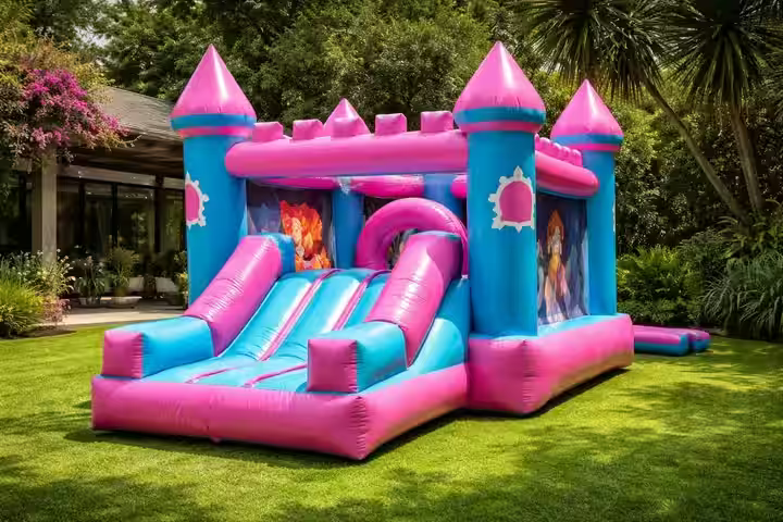 Castillo de Princesas - Inflable temático rosa con resbaladilla en CDMX