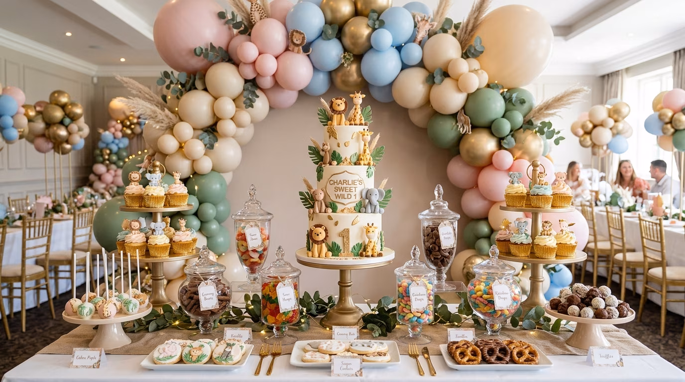 Mesa de dulces decorada en salón Candies Land CDMX