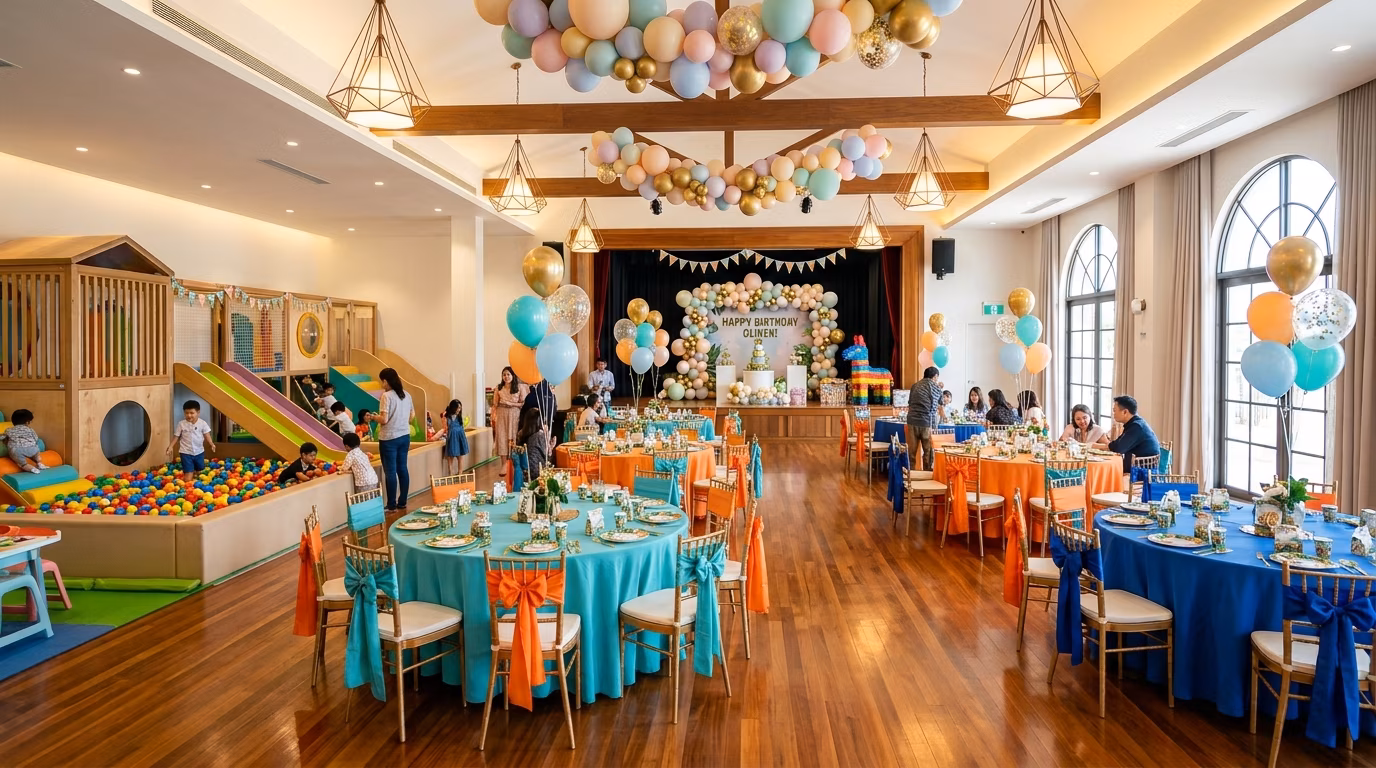 Interior del salón de fiestas infantiles Kids Blue Pink
