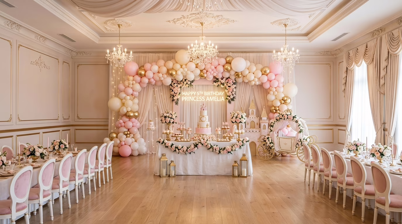 Decoración temática princesas en Kids Blue Pink Venustiano Carranza